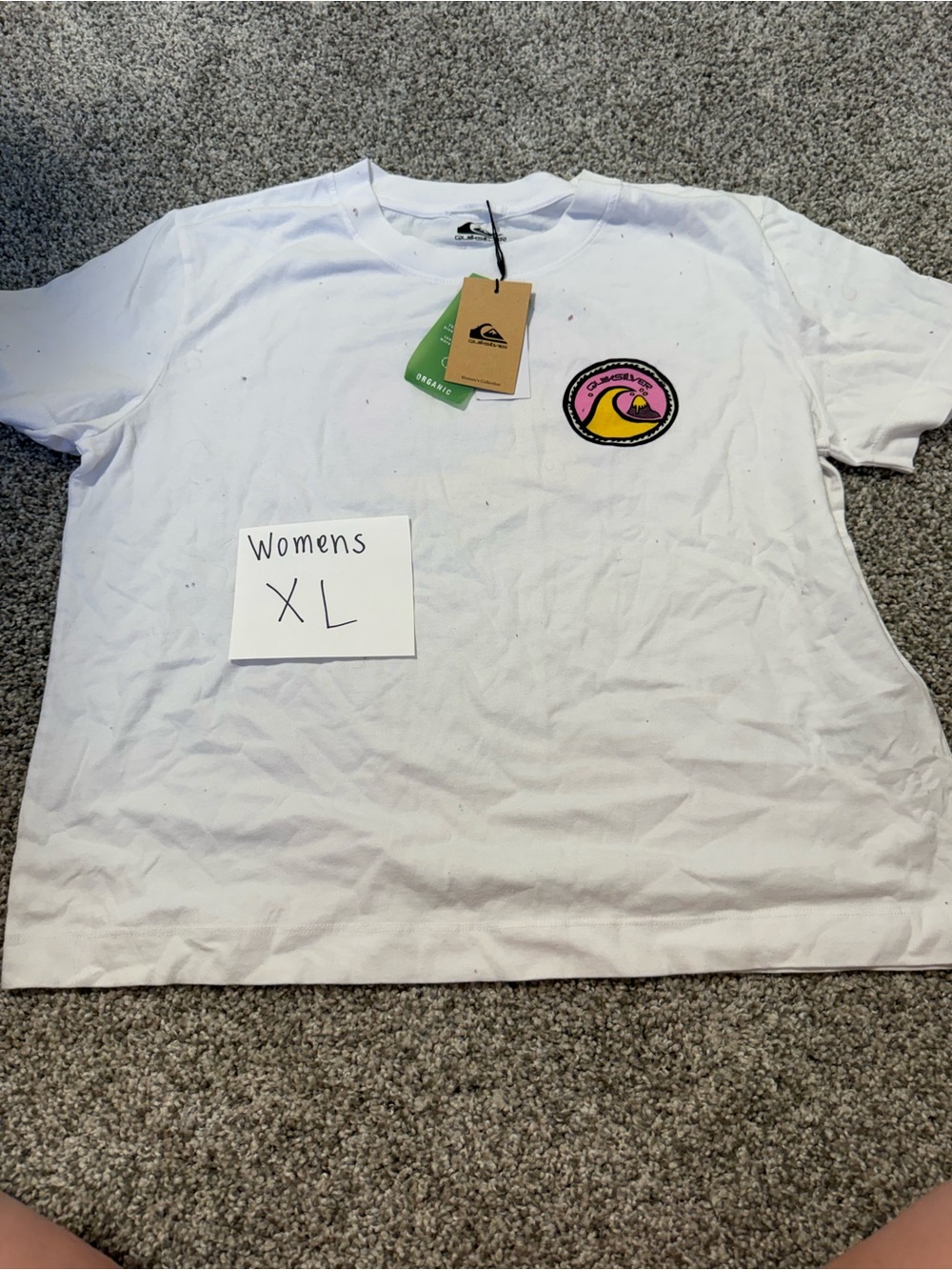 Quiksilver White Women's Tee with Pink & Yellow Logo Patch